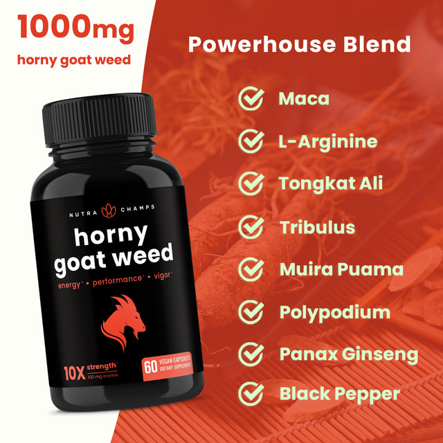 Nutrachamps Horny Goat Weed for Men & Women | 1000Mg Epimedium Energy Supplement | 10X Strength Icariin | Ginseng, Tribulus & Maca Pills for Women & Men | Enhanced Absorption with Black Pepper | 60 Ct