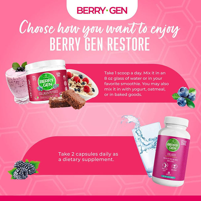 Berry Gen: Restore Collagen Powder with Antioxidants from Blackberry and Blueberry Extracts - 60 Servings - Natural Dual Action Formula - Supports Joints, Hair, Skin, and Nails - Made in the USA