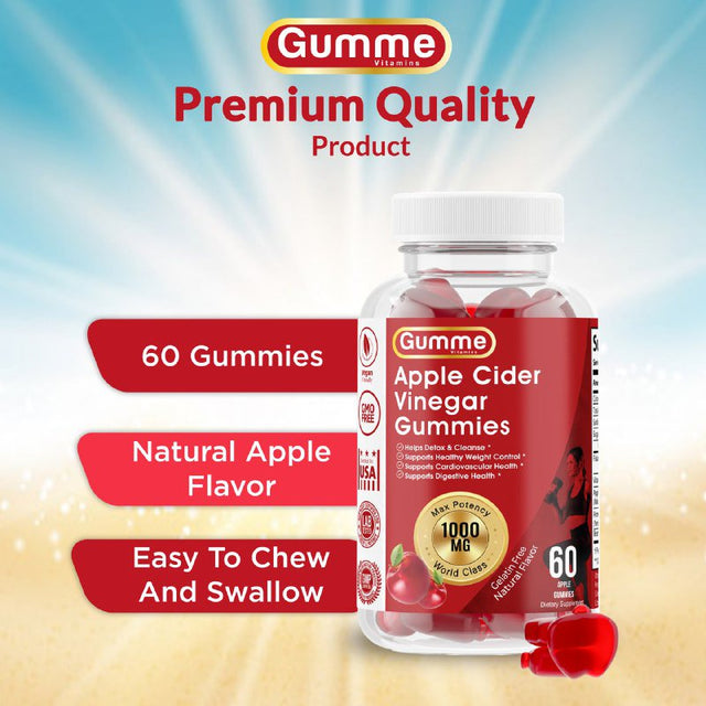 Gumme Apple Cider Vinegar Gummies Weight Management ACV Gummy Appetite Suppressant Beetroot Chewable, No Pills Capsules, Diet Supplement Women Men Detox Cleanse 60 Count