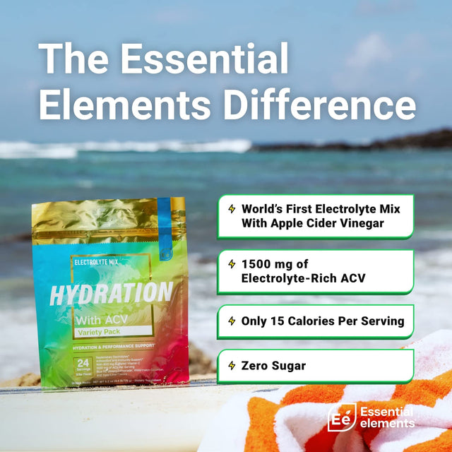 Essential Elements Hydration Packets - Electrolytes Powder Packets Sugar Free - 24 Stick Packs of Electrolytes Powder No Sugar - Electrolyte Water Drink Mix with ACV & Vitamin C - Variety Pack