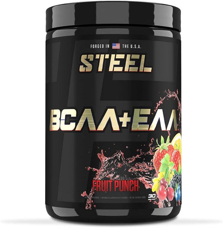 Steel Supplements | High Performance BCAA EAA Powder | Promotes Lean Muscle Growth and Workout Endurance | 2:1:1 Ratio to Recover Muscle Faster 30 Servings. (Fruit Punch)