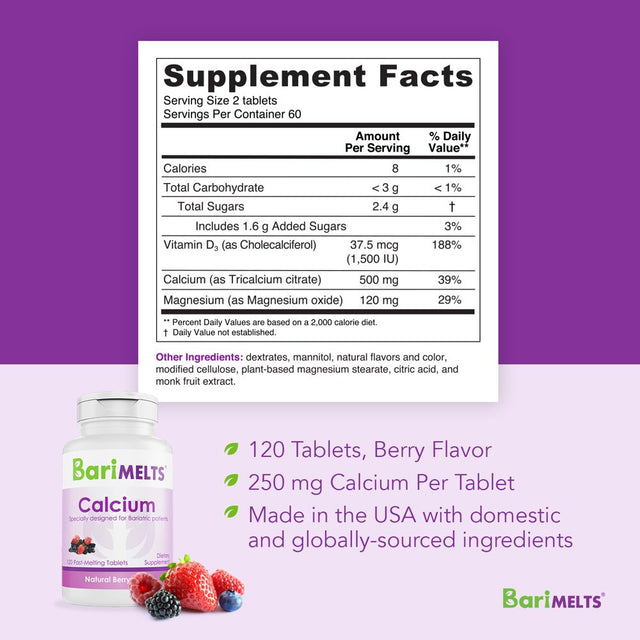 Barimelts Bariatric Calcium Citrate with Vitamin D3 and Magnesium for Bone Health Support, 120 Smooth-Dissolving Tablets, Post Weight Loss Surgery Patients, Berry Flavored Dietary Supplements