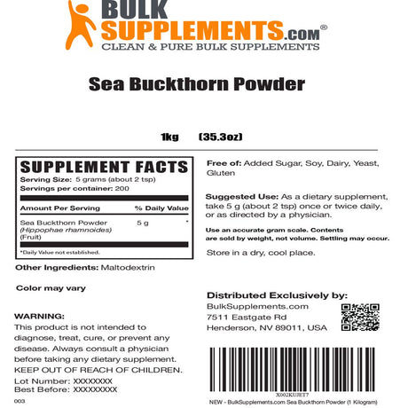 Bulksupplements.Com Sea Buckthorn Powder, Superfood Fruit Powder, Omega-7 Fatty Acid Supplement for Blood Sugar Support (5 Kilograms - 11 Lbs)