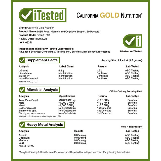 California Gold Nutrition MEM Food, Memory & Cognitive Support, 60 Packets, 0.3 Oz (8.5 G) Each