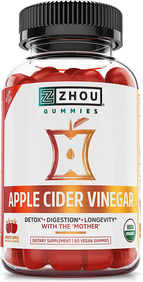 Zhou Nutrition Apple Cider Vinegar Gummies with the Mother, ACV Detox & Cleanse, Natural Probiotics, Digestion Support, Heart Health, Gelatin-Free, Vegan, Gluten-Free, Non-Gmo, 60 Count