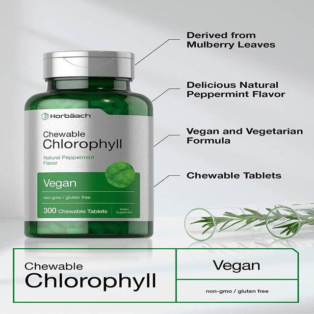 Chlorophyll Tablets | 300 Chewables | Natural Peppermint Flavor | Vegan | by Horbaach