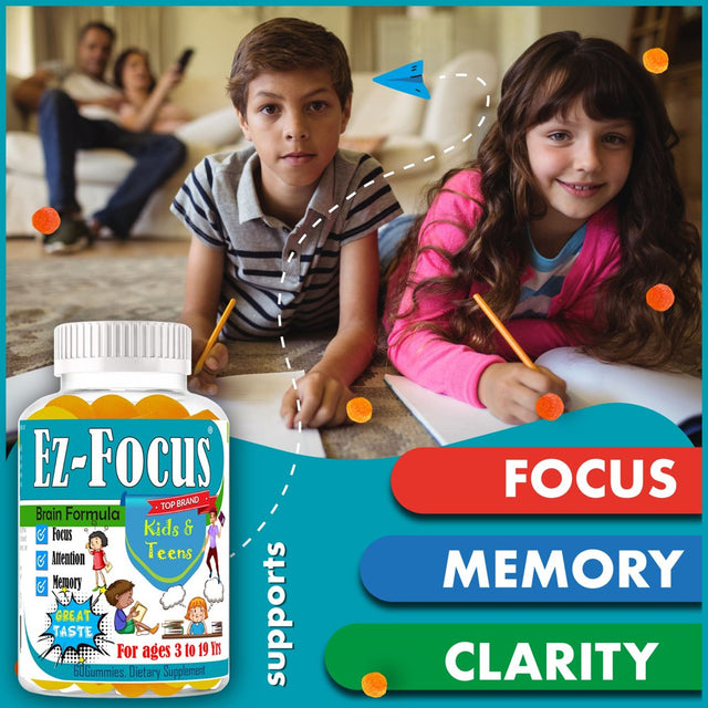 Ez-Focus Kids Brain Focus Chewable Gummies Supplements, Attention & Memory Help Formula for Children and Teens, Natural Omega DHA, Study Task Support