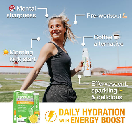 Hydralyte Electrolytes plus Energy - Lemon Lime Low Sugar Rapid Rehydration Powder with Caffeine - Lightly Sparkling Electrolyte Powder for Sports Performance and Recovery (8Oz Serving, 12 Count)