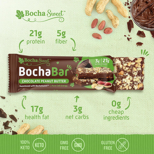 Bochasweet Keto Protein Bar, Chocolate Peanut Butter Bochabar, 21G Grass Fed Collagen, Low Carb, Keto-Friendly, Gluten Free, 12 Count