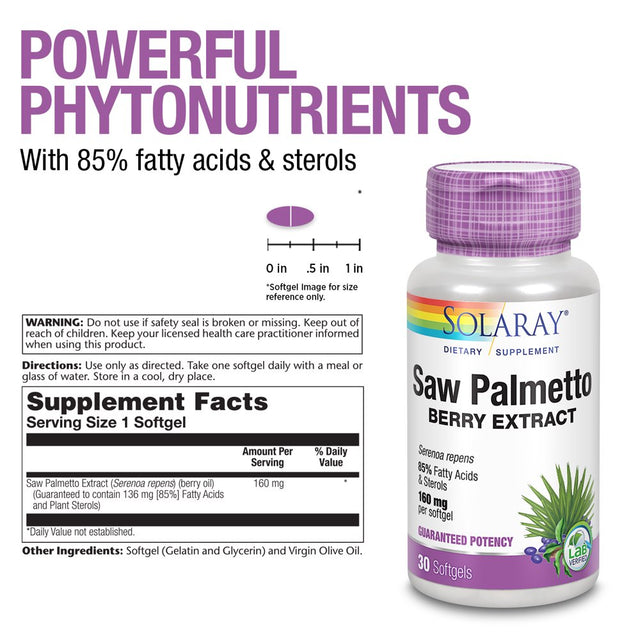 Solaray Guaranteed Potency Saw Palmetto Berry Extract, Softgel (Btl-Plastic) 160Mg 30Ct