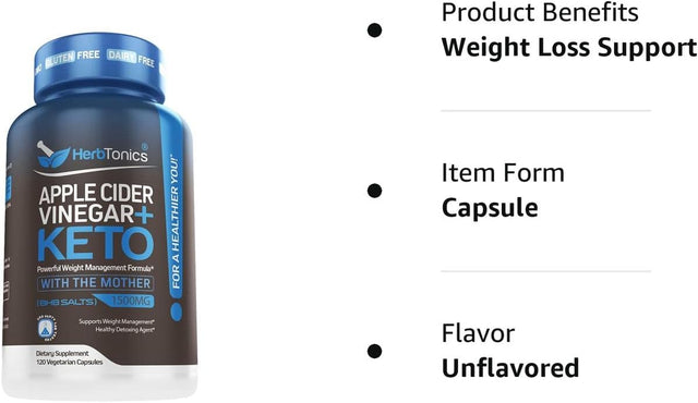 Herbtonics Apple Cider Vinegar Capsules plus Keto BHB | Fat Burner & Weight Loss Supplement for Women & Men | Appetite Suppressant