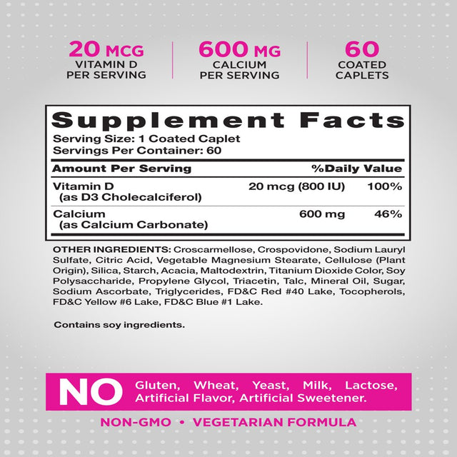 Calcium 600Mg with Vitamin D3 | 60 Tablets | Calcium Carbonate Supplement | Vegetarian, Non-Gmo, Gluten Free | Nature'S Truth