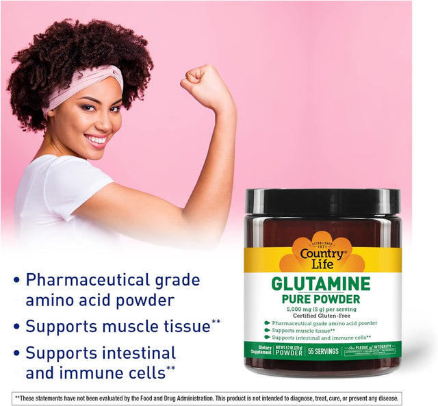 Country Life Glutamine Pure Powder 5000Mg, 9.7Oz Powder, 55 Servings, Supports Muscle Tissue - Supports Intestinal & Immune Cells - Pharmaceutical Grade Amino Acid, Certified Gluten-Free