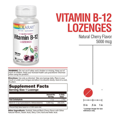 Solaray Vitamin B-12 5000Mcg Lozenges | Natural Cherry Flavor | Healthy Energy & Nerve Function Support | 30Ct