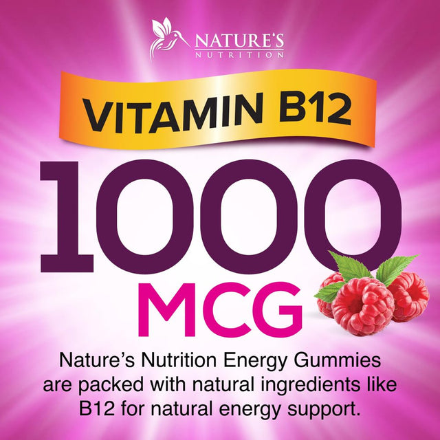 Energy Gummies Vitamin B12, Green Tea and Guarana Extract, Daily Energy Vitamin Supplement, Delicious Raspberry Flavor Gummy Chewable Supplement for Men and Women, Non-Gmo and Vegan - 60 Gummies