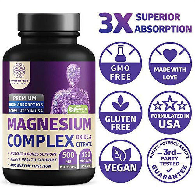 Number 1 Magnesium Complex 120 Veggie Capsules Powerful Supplement for Sleep, Leg Cramps, Muscle Recovery & Relaxation Unisex