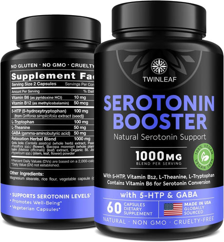 Natural Serotonin Supplement - Made in USA 5HTP Serotonin & Cortisol Manager - Serotonin Booster Vitamin Supplement for Women with 5-HTP, Vitamin B6, B12, GABA, L Theanine, L Tryptophan - 60 Capsules