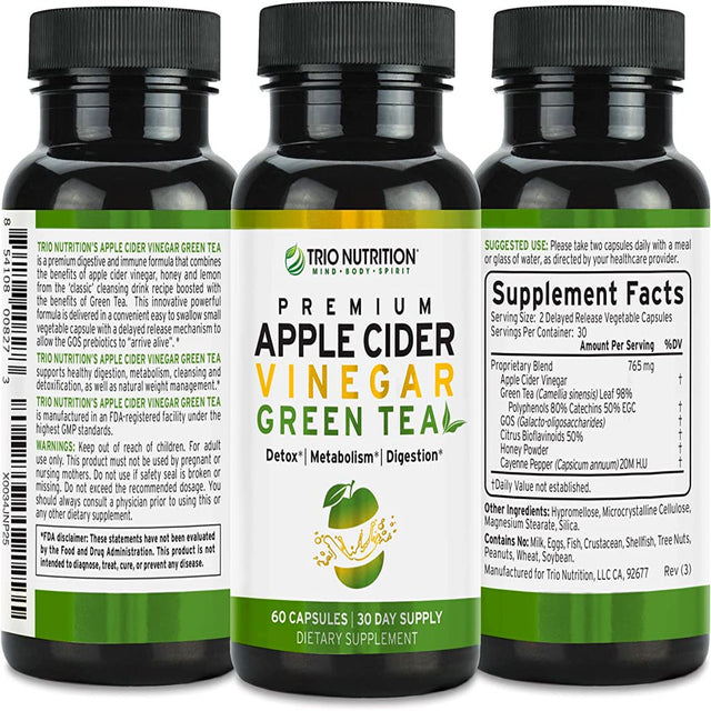 Trio Nutrition Apple Cider Vinegar Capsules with Green Tea | Maximum Strength Immune Support Booster Formula | Raw & Fresh Natural Apple Cider Vinegar Pills for Cleanse, Detox Boost, Keto & Metabolism