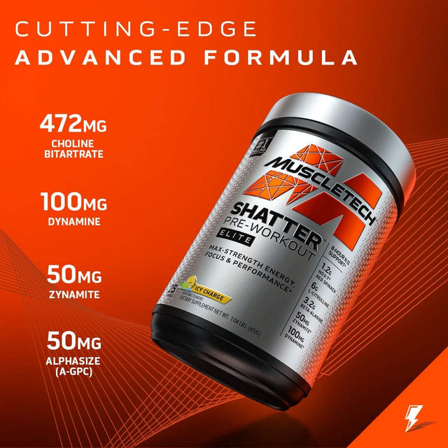 Pre Workout for Men & Women | Muscletech Shatter Elite Pre-Workout | Preworkout Energy Powder | 8 Hour Nitric Oxide Booster + Beta Alanine | Focus + Strength | 350Mg Caffeine | Icy Charge, 25 Servings