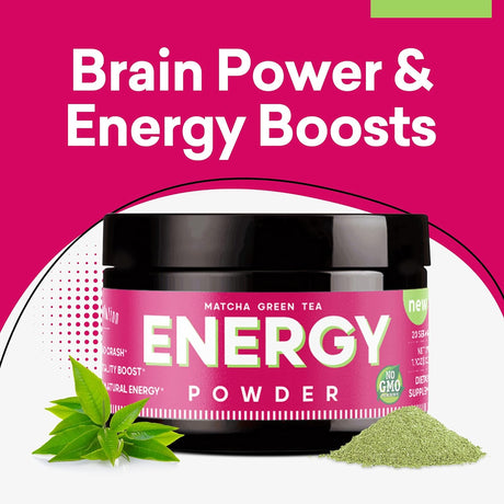 Energy Powder - Natural Caffeine | Focus & Brain Boost Formula | Nootropic - No Crash & No Sugar (20 Servings) Matcha Green Tea, Guarana, L-Theanine, Eleuthero – Plant Based Energy - 0 Cal | 1.1Oz