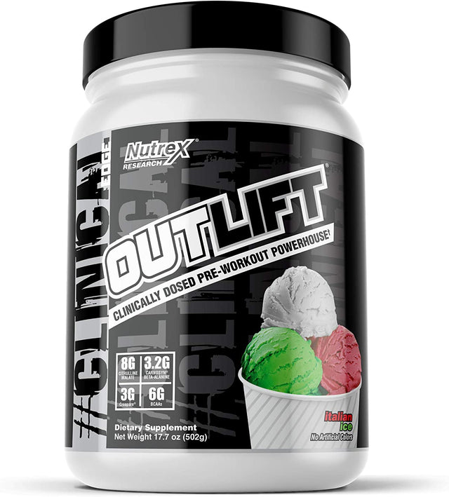 Nutrex Research Outlift Clinically Dosed Pre Workout Powder with Creatine, Citrulline, BCAA, Beta-Alanine | Intense Energy, Pumps Preworkout Supplement for Men and Women | Italian Ice 20 Servings