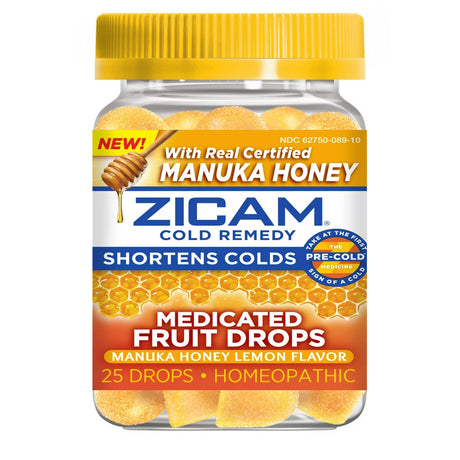 Zicam Cold Remedy Zinc Medicated Fruit Drops, Manuka Honey Lemon Flavor, 25 Count