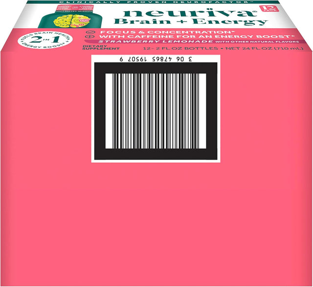 NEURIVA Brain + Energy Shots, Nootropic Brain Supplement for Focus & Concentration with Neurofactor, Vitamin B12 & 150Mg Caffeine for an Energy Boost - (12 Count), Strawberry Lemonade