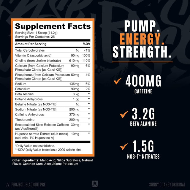 Ryse Project Blackout Pre Workout | Pump, Energy, Strength | Caffeine, Vitacholine, Nitrates, and Theobromine | 25 Servings (Sunny D Tangy Original)