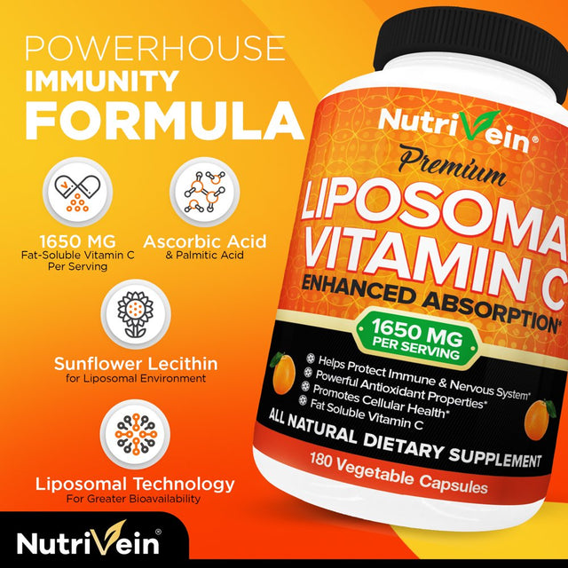 Nutrivein Liposomal Vitamin C 1650Mg - 180 Capsules - High Absorption Ascorbic Acid