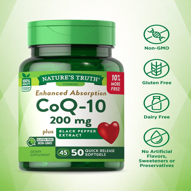 Nature'S Truth Coq10 200 Mg Softgels | 50 Count | Enhanced Absorption Supplement | plus Black Pepper Extract | Non-Gmo, Gluten Free