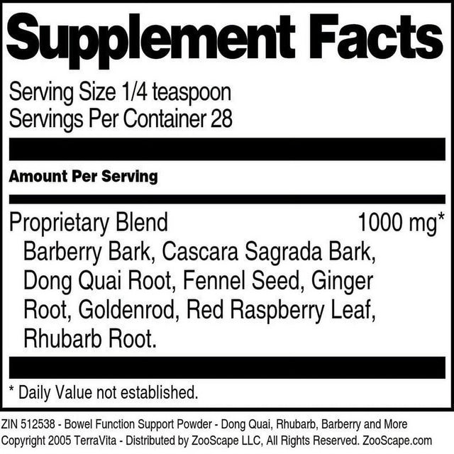 Terravita Bowel Function Support Powder - Dong Quai, Rhubarb, Barberry and More, (1 Oz, 1-Pack, Zin: 512538)