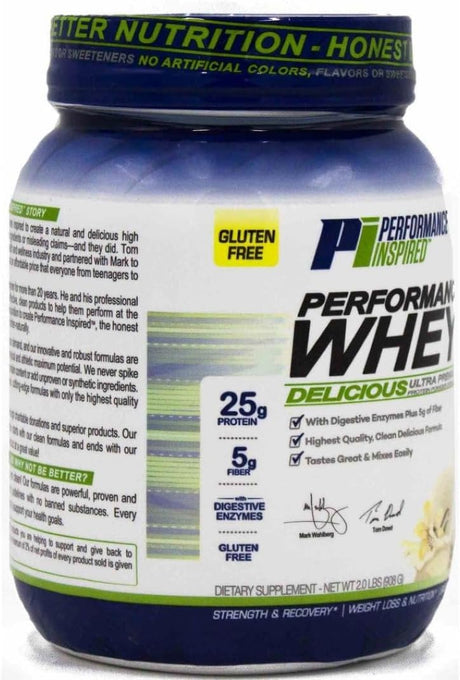 PERFORMANCE INSPIRED Nutrition Performance Whey Protein Powder - Fiber Packed - Contains Bcaas - Digestive Enzymes - Gluten Free - Natural Vanilla - 2 Lb