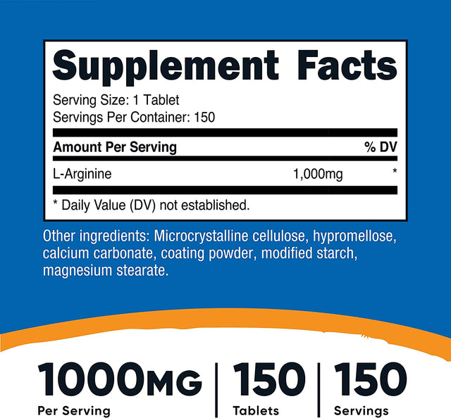 Nutricost L-Arginine 1000Mg, Amino Acid Tablets (150 Tablets)