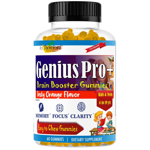 Geniuspro+ Kids Brain Focus Supplements with Omega 3, Support Focus, Memory, Attention, Mood, Chewable Nootropics Brain Vitamins for Kids & Teens, Brain Health Supplement, Fruity Flavor 60 Gummies