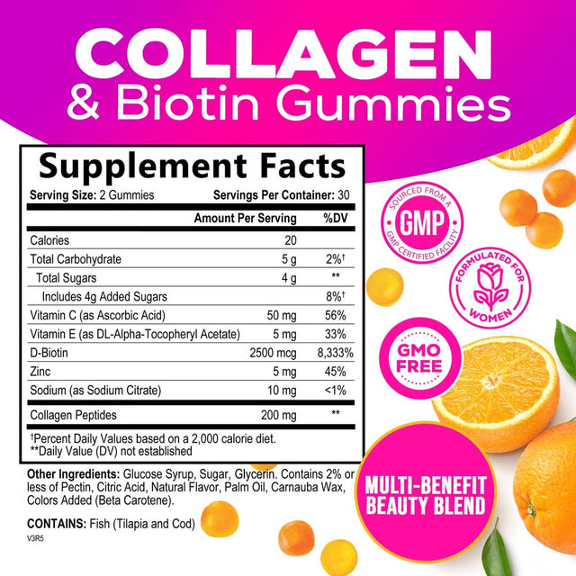 Collagen & Biotin Hair Vitamin Gummies - Extra Strength for Healthy Hair, Skin & Nails Growth Support - Collagen Peptides Gummy Supplement with Vitamins C & E - Orange Flavored, Non-Gmo - 60 Count