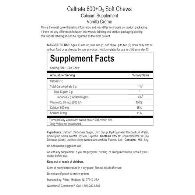 Caltrate Soft Chews 600+D3 Calcium Vitamin D Supplement, Vanilla Creme - 60 Count