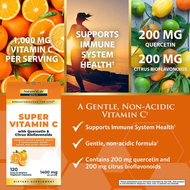 Nature’S Lab Gold Super Vitamin C 1000Mg – 120 Capsules (2 Month Supply) - Immune System Support – Contains Bioflavonoids Complex & Quercetin – Non-Acidic, Non-Gmo, Gluten Free, Vegan