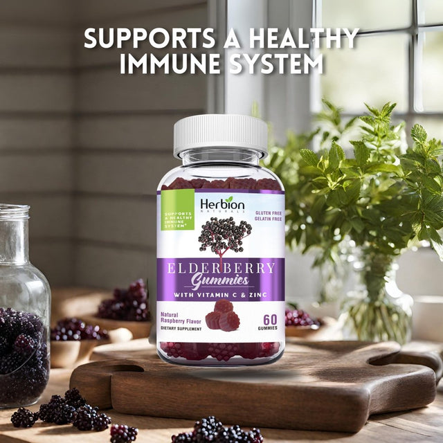 Herbion Elderberry Gummies with Vitamin C & Zinc - Healthy Immune System Support - Gluten-Free & Gelatin-Free - 60 Gummies for Adults & Children 4 Years & above - Made in USA.