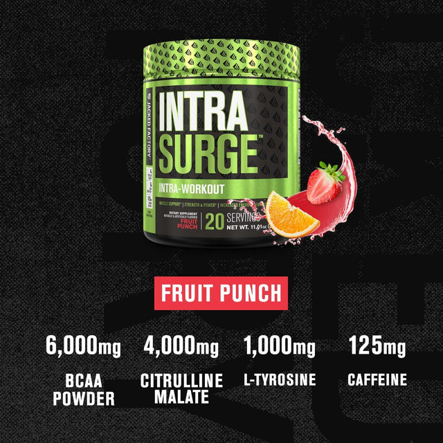 INTRASURGE Intra Workout Energy BCAA Powder - 6G BCAA Amino Acids, Natural Caffeine, 4G Citrulline Malate, and More for Muscle Building, Strength, Endurance, & Recovery - Fruit Punch, 20Sv