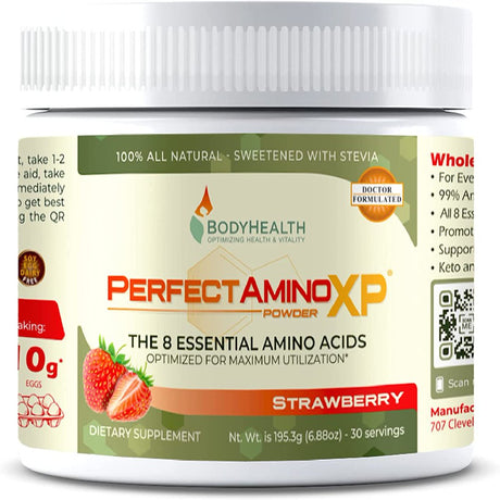 Bodyhealth Perfectamino XP Strawberry (30 Serving) Best Pre/Post Workout Recovery Drink, 8 Essential Amino Acids Energy Supplement with 50% Bcaas, 100% Organic, 99% Utilization