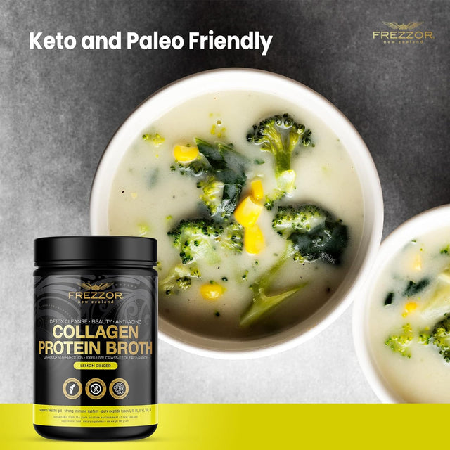 FREZZOR 100% Grass-Fed Collagen Protein Bone Broth, New Zealand Bovine Collagen Peptides Type I II III V VI VIII IX, Joint Pain, Anti-Aging, Weight-Loss, Improves Digestion, Lemon Ginger Flavor