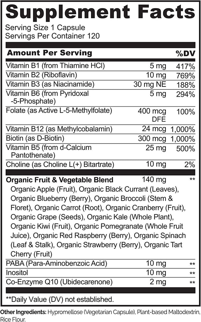 NATURELO Vitamin B Complex with Methyl B12, Methyl Folate, Vitamin B6, Biotin plus Choline, Coq10, and Fruit & Vegetable Blend - Supports Energy & Healthy Stress Response - Vegan - 120 Capsules