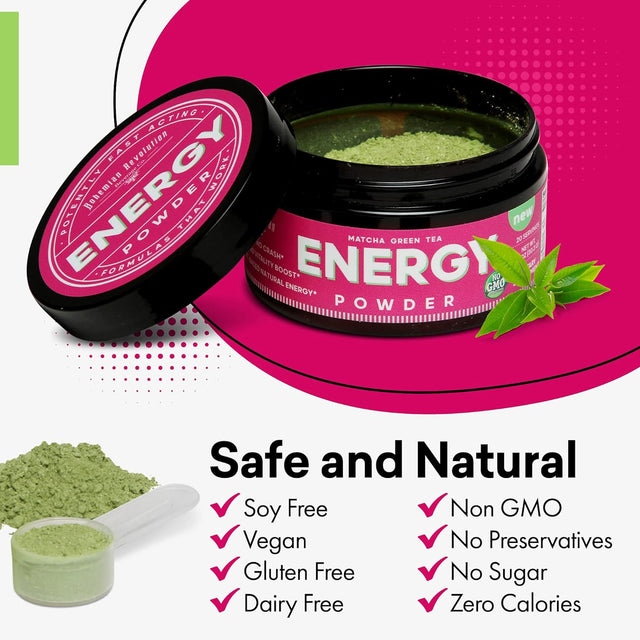 Energy Powder - Natural Caffeine | Focus & Brain Boost Formula | Nootropic - No Crash & No Sugar (20 Servings) Matcha Green Tea, Guarana, L-Theanine, Eleuthero – Plant Based Energy - 0 Cal | 1.1Oz