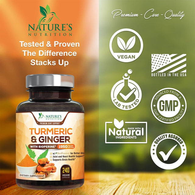 Turmeric Curcumin with Bioperine & Ginger 95% Standardized Curcuminoids 1950Mg Black Pepper for Max Absorption Joint Support, Nature'S Tumeric Herbal Extract Supplement, Vegan, Non-Gmo - 240 Capsules