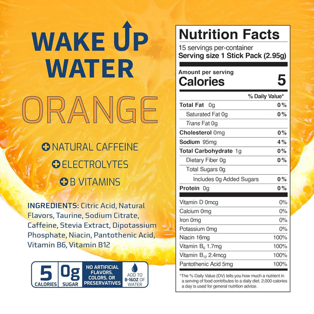 Wake up Water Energy + Hydration Mix – Energy + Hydration Powder Packets with Natural Caffeine, Electrolytes, B Vitamins | No Sugar | Daily Fuel with No Crash or Jitters | (Orange)