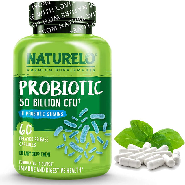 NATURELO Probiotic Supplement - 50 Billion CFU - 11 Strains - One Daily - Helps Support Digestive & Immune Health - Delayed Release - No Refrigeration Needed - 60 Vegan Capsules