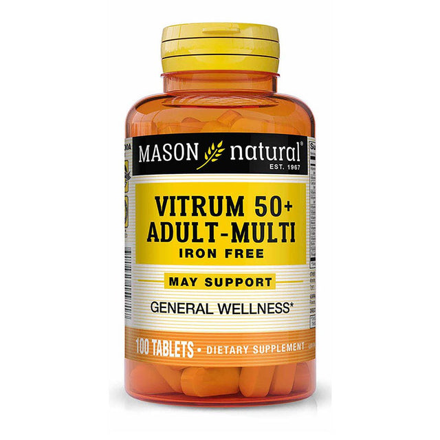 Mason Natural Vitrum 50 + Adult-Multi, Iron Free - Vitamins a C D E K B, Folate, Calcium, Iron, Zinc, Potassium, Magnesium, 100 Tablets