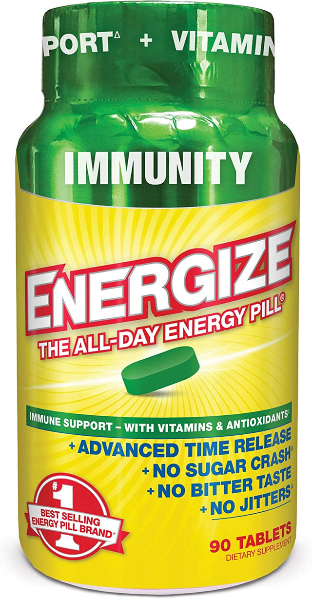 Energize Immunity Caffeine Pills, Energy & Immune Support, Fast Acting, Long-Lasting with Time Release Caffeine, Nootropics, Vitamins, Super Greens & Bcaas, No Jitters, No Crash (90 Tablets)