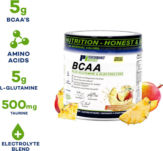 PERFORMANCE INSPIRED Nutrition - 5G BCAA Powder with Added Electrolytes - Taurine & Glutamine - All-Natural Recovery Rebuild & Clean Formula- 1.46Lb - Tropical Mango Delight