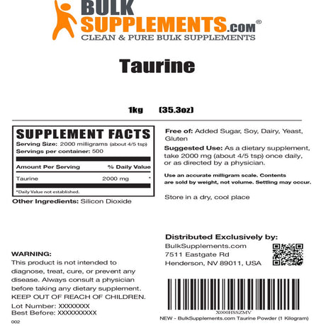 Bulksupplements.Com Taurine Powder, 2000Mg/2G - Brain, Heart, & Muscle Support (1KG - 500 Servings)